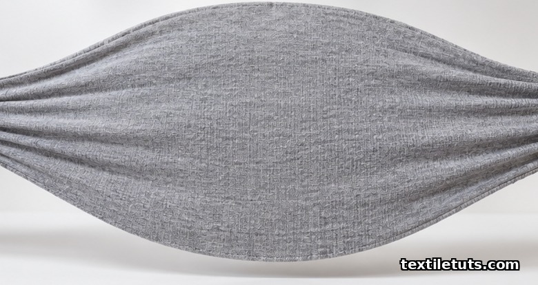 Grey circular-knit spandex blend fabric stretched taut to show weft elongation and loop structure recovery.