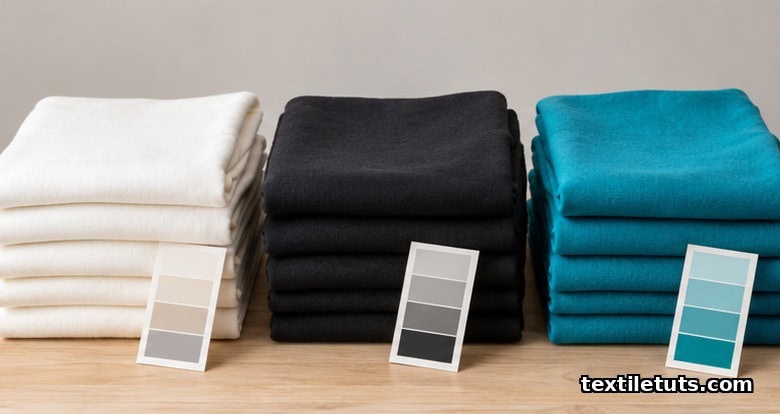 Three folded stacks of cotton, nylon, and polyester spandex blend knit fabrics arranged side by side.