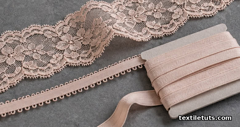 Detail of floral Raschel stretch lace trim with picot elastic and fold-over elastic arranged on a soft slate surface.