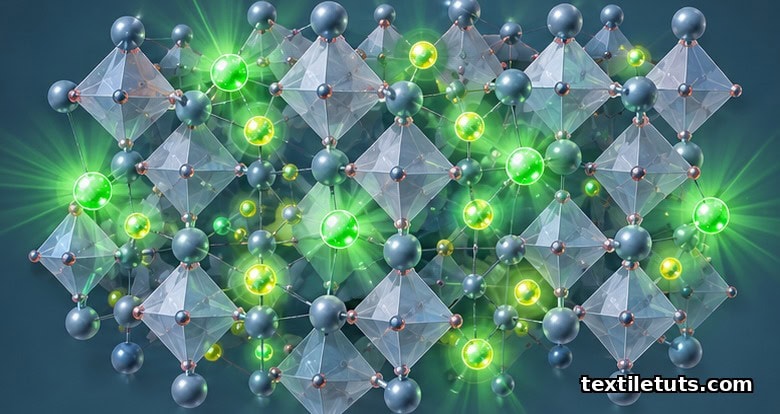 Microscopic visualization of strontium aluminate crystal lattice with europium ions emitting green afterglow at 520 nm.