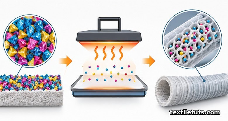 Scientific diagram showing solid disperse dye on paper, heat transition, and dye gas diffusing into polyester fiber cross-section.