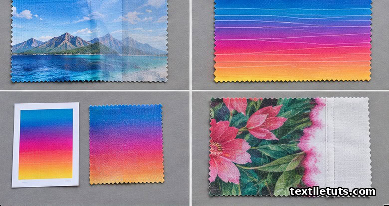 Four polyester fabric swatches showing common sublimation defects: ghosting, banding, color shift, and seam bleeding.