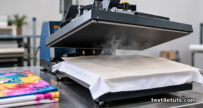 Heat press mid-cycle lifting sublimation paper from white polyester fabric on a stainless workshop table with color swatches.