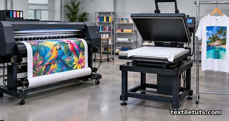 Wide workshop view of sublimation workflow: wide-format printer, flat heat press, and finished printed polyester t-shirt.