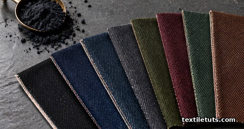 Fanned swatches of sulfur-dyed denim in black, navy, charcoal, olive, burgundy, moss green and brown on a slate surface.