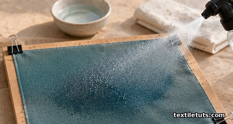 A taut Sunbrella swatch clipped to a frame being misted with fabric spray dye in soft daylight.