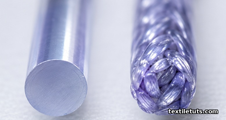 Macro cross-section comparing a smooth monofilament polypropylene suture and a braided multifilament polyester suture.