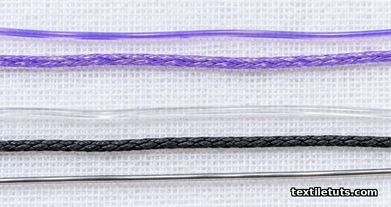 Comparison of absorbable and non-absorbable surgical sutures laid out on a sterile field, showing violet and natural-toned threads side by side.
