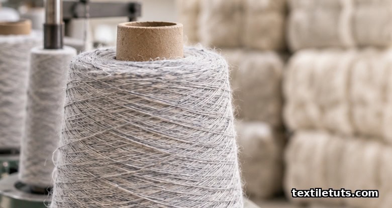 Close-up of pale recycled cotton yarn wound onto a cardboard cone at a generic spinning frame