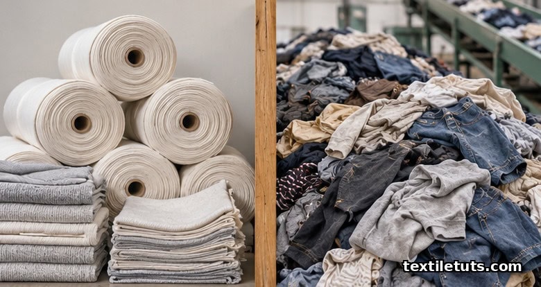Side-by-side comparison of clean pre-consumer fabric cuttings and post-consumer used garments