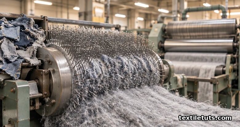 Industrial garnetting machine tearing denim scraps into a fiber web with carding rollers turning