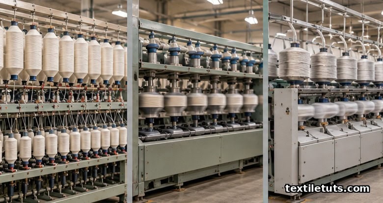 Ring, rotor, and air-jet vortex spinning frames arranged side by side inside a textile mill