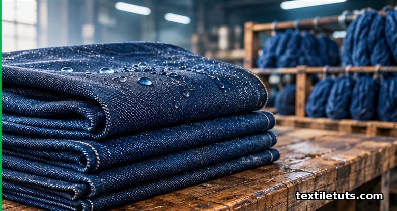 Stacked raw indigo denim fabric on a wooden bench with soft raking light and faint water droplets hinting at wet-processing.