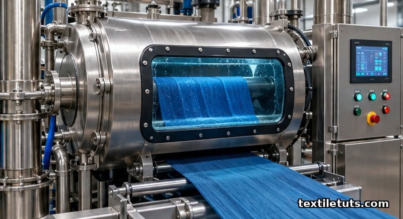 Low-impact waterless dyeing machine with sealed chamber viewing dyed fabric, stainless steel piping, closed-loop water recycling.