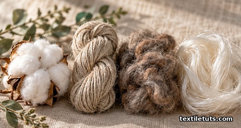 Editorial still life of organic cotton boll, hemp yarn, recycled wool and lyocell fibers arranged on natural linen.