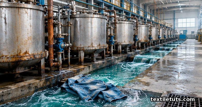 Industrial dyeing vats with turquoise effluent water flowing through a textile mill illustrating environmental impact.