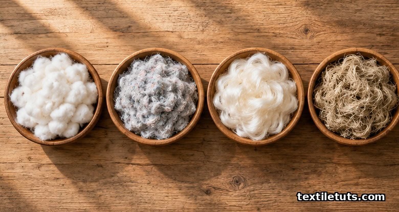 Four wooden bowls holding organic cotton, recycled polyester, lyocell, and hemp fiber staples arranged in a row.