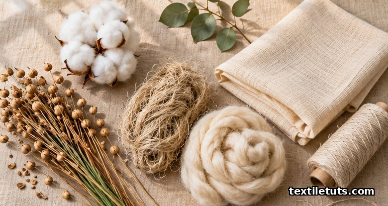 Flat lay of natural sustainable textile fibers including cotton boll, flax, hemp, and wool on linen backdrop.