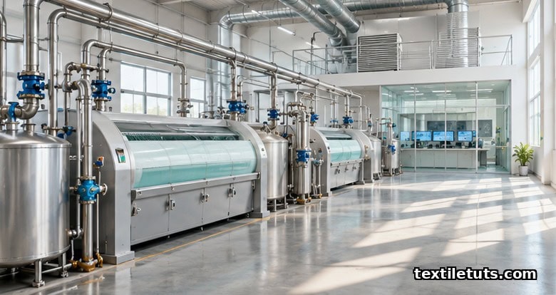 Modern sustainable textile mill interior with low-liquor-ratio dyeing machines and clean water recycling infrastructure.