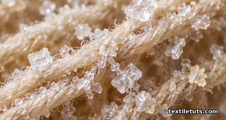 Extreme macro view of salt and urea crystals clinging to woven cotton fibers like frost, illustrating sweat residue on textile