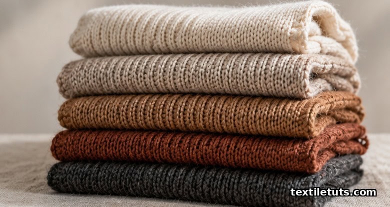 Folded stack of heavyweight sweater knit fabrics in cream, oatmeal, camel, rust and charcoal tones showing the looped wale and course structure.