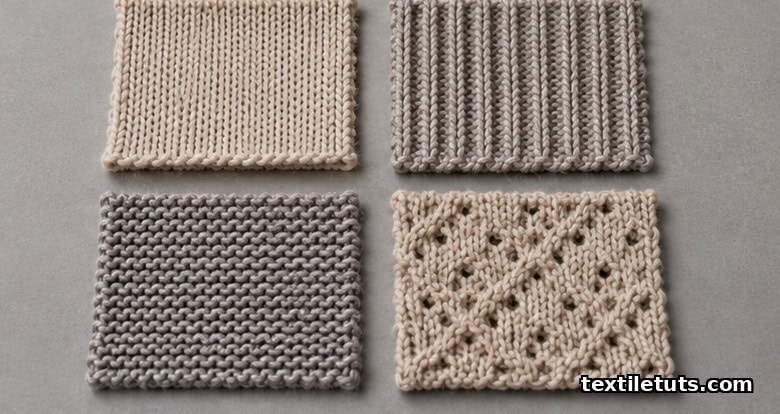 Four macro swatches of sweater knit fabric showing plain jersey, 1x1 rib, purl and tuck-and-miss jacquard stitch structures.