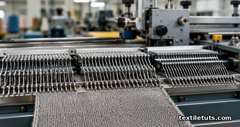 Flat-bed V-bed knitting machine with coarse, middle and fine gauge needle beds producing a shaped sweater panel of looped fabric.