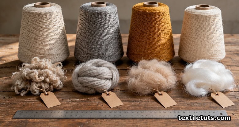 Yarn cones in ecru, grey, mustard and cream with raw wool, merino roving, cashmere and acrylic fiber nests on a wooden table.