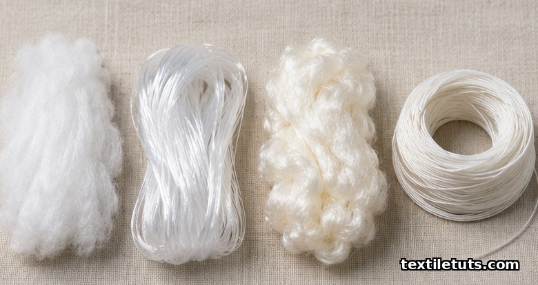 Side-by-side bundles of polyester, nylon, PBT, and elastane fibers laid out for fiber blend comparison.