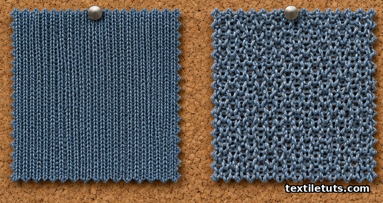Macro comparison of warp knit tricot and circular weft knit fabric swatches showing loop structure.