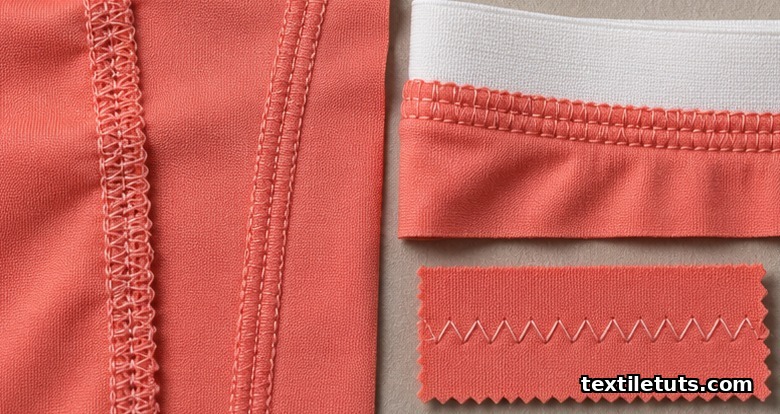Close-up of swimwear seam samples showing overlock, flatlock, coverstitch, and zigzag stitching details.