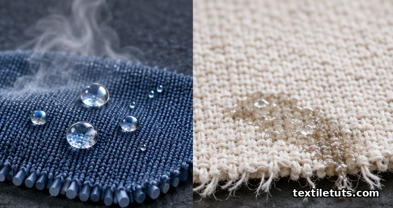 Macro comparison of smooth polyester knit against matte cotton weave showing moisture beading versus absorption.