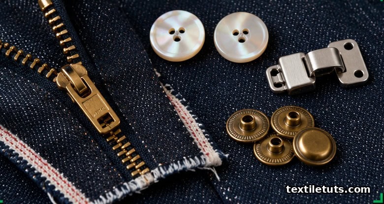 Brass zipper, mother-of-pearl buttons, and hook-and-eye closures arranged on dark indigo selvedge denim