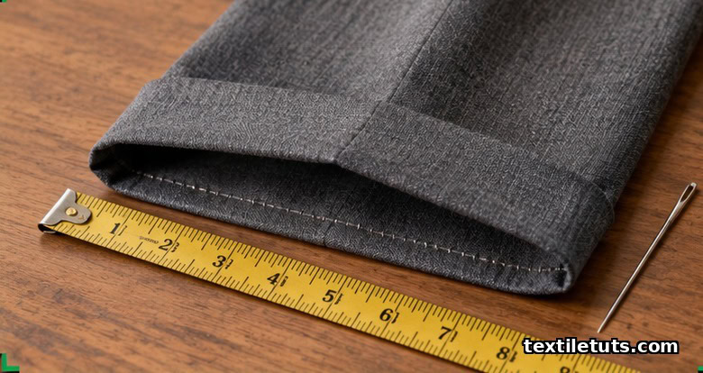Hemmed grey wool trouser cuff turned up to reveal blind-hem stitching and a measuring tape for length