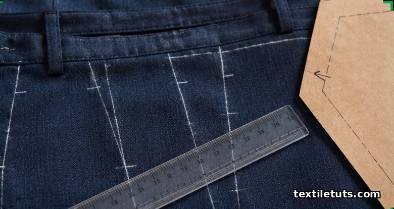 Navy wool fabric laid flat showing waistband with chalk-marked darts and a clear ruler across the weave