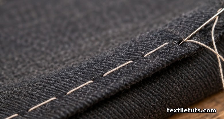Macro close-up of pale silk basting stitches running through charcoal wool fabric