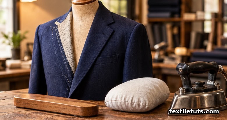 Navy wool suit jacket on tailor's bust form with pressing tools on a wooden workshop table
