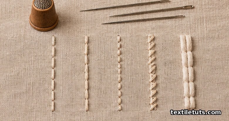 Five tailor's hand stitches worked as a sampler on linen canvas with needle and thimble