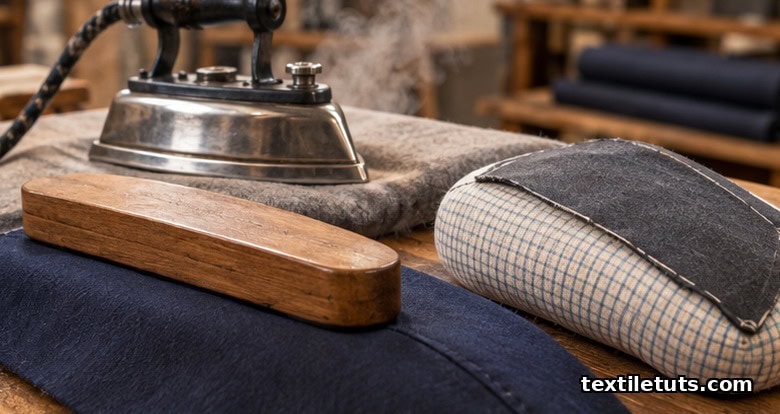 Heavy iron, wooden clapper, seam roll, and pressing ham on wool fabric in a tailoring shop