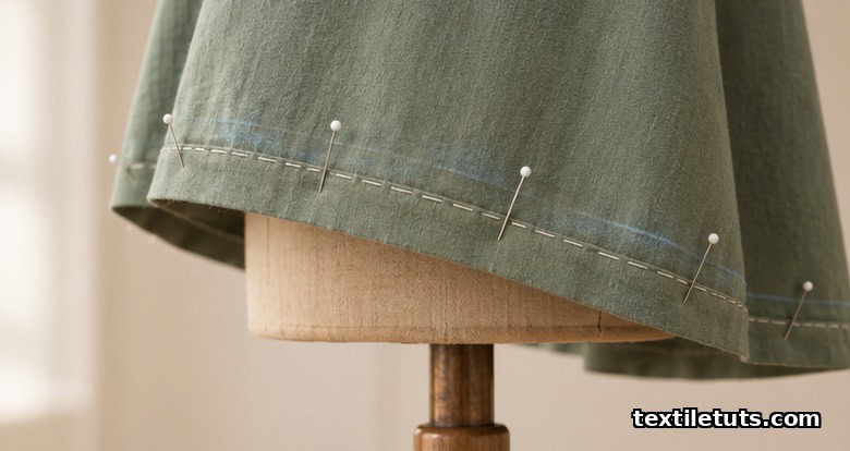 Skirt on dress form with pinned hem, chalk markings and basting stitches for alteration.