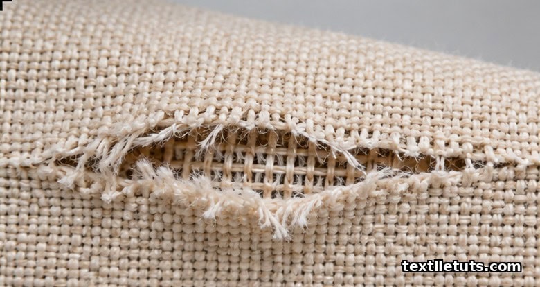 Macro photograph of a propagating tear running horizontally through a densely woven cotton canvas fabric, showing frayed yarn edges.