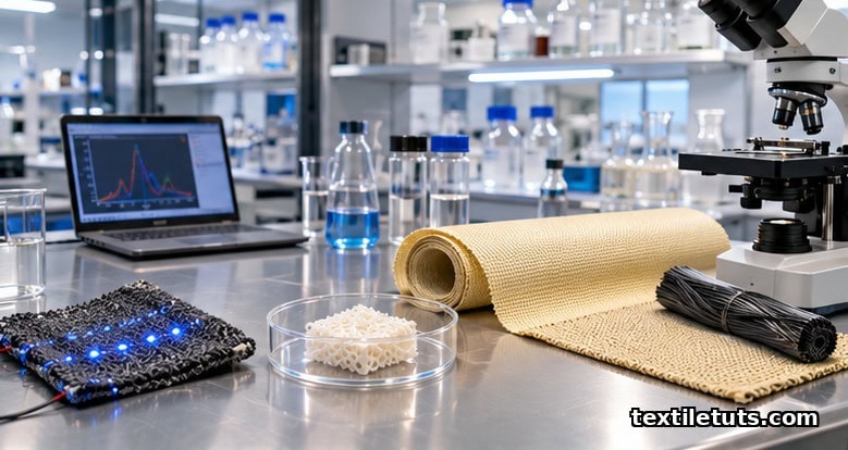 Textile R&D lab bench showing conductive-yarn swatch with LEDs, aramid fabric sample, scaffold dish, microscope, and data laptop.