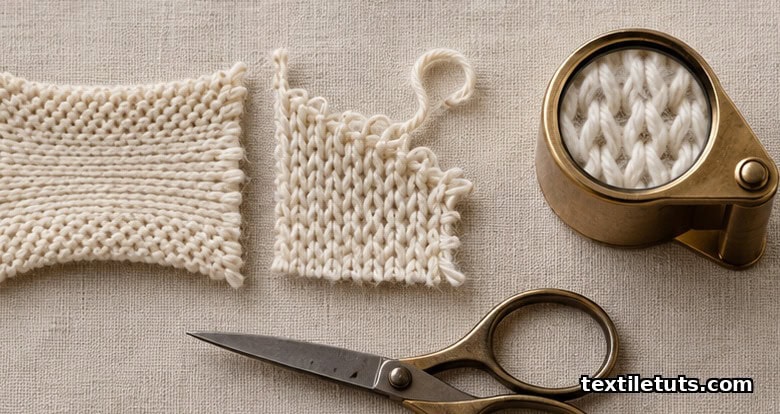 Three textile tests: stretched knit piqué showing loop recovery, cut edge with unraveling loop, and loupe magnification of V-shaped knit loops.