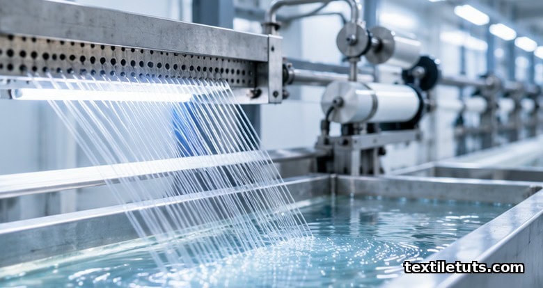 Dry-jet wet spinning line showing lyocell filaments crossing an air gap before entering an aqueous coagulation bath.