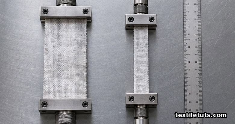 Strip and grab tensile test fabric specimens clamped in steel jaws on a laboratory bench for ISO 13934 testing.