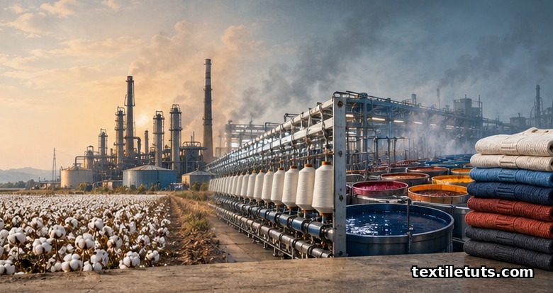 Horizontal montage showing textile supply chain from cotton field through refinery, spinning, dyeing, to finished garments.