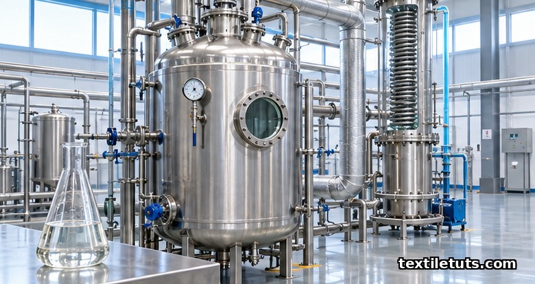 Stainless steel chemical depolymerization reactor with pressure gauge and condenser column, glass flask of clear monomer.