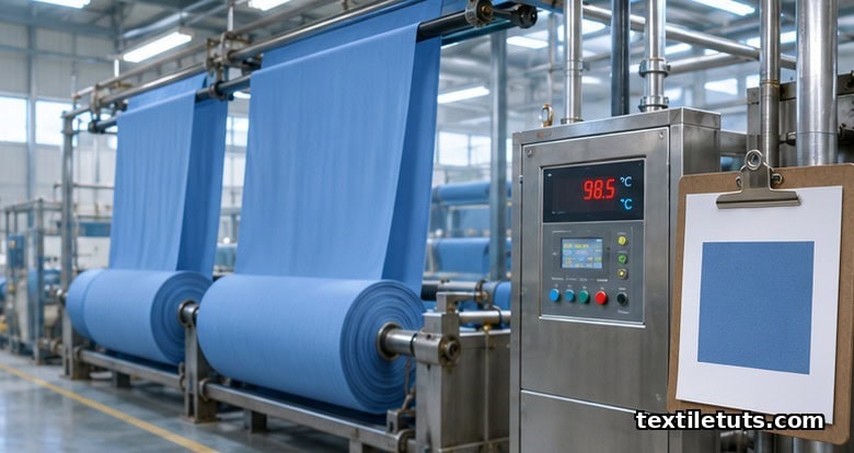 Industrial dye house interior with sky-blue cotton rolls hanging from rails and a printed shade approval card in the foreground.