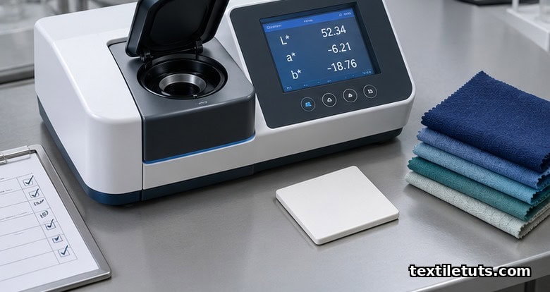 Benchtop spectrophotometer with calibration tile, conditioned fabric swatches, and digital readout on a clean lab surface.