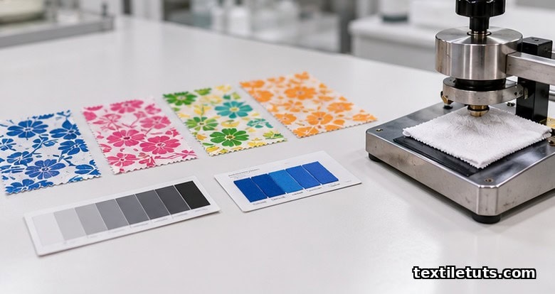 Printed fabric colorfastness test swatches laid out beside grey scale cards and a crockmeter rubbing apparatus on a lab bench.